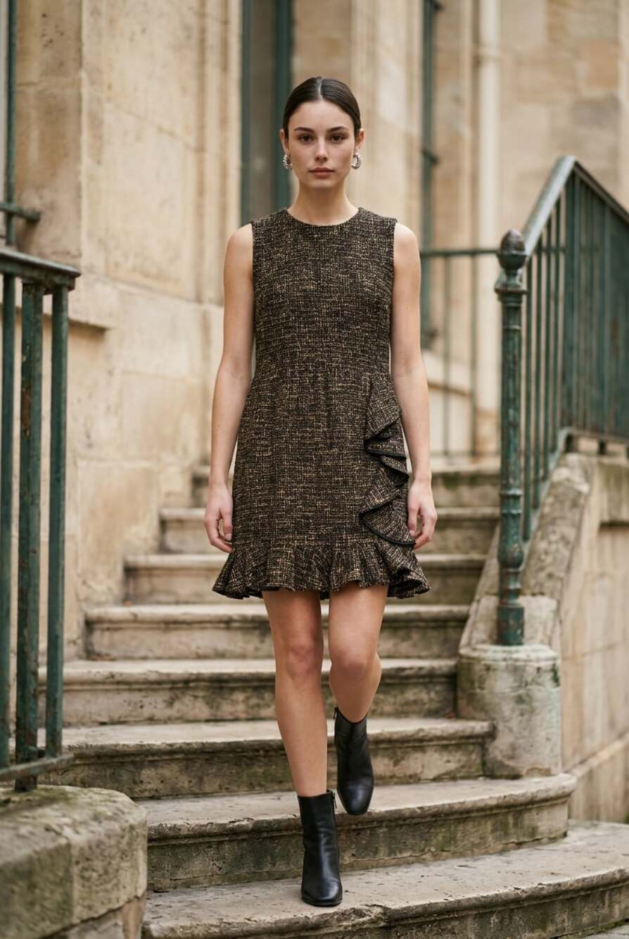 RED Valentino Sleeveless Tweed Mini Dress with Ruffle Hem